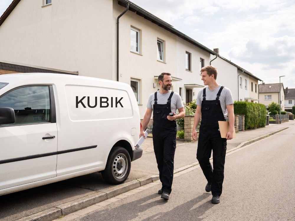 A felmérést végző két munkatárs a KUBIK autója mellett, mérőléccel és írótáblával